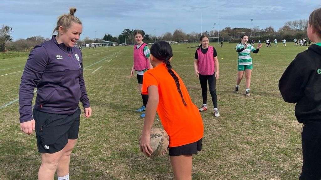 England women rugby stars help Guernsey players