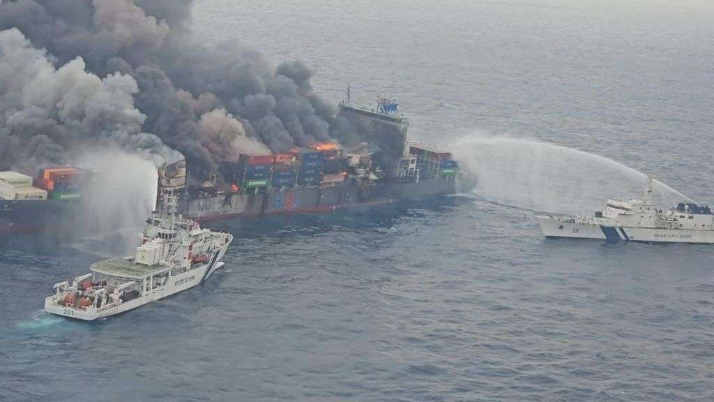Four crew members missing as Singapore-flagged cargo ship burns off India coast